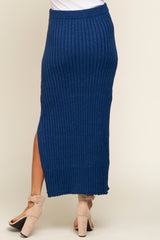 Navy Blue Ribbed Side Slit Sweater Midi Skirt