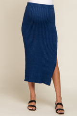 Navy Blue Ribbed Side Slit Sweater Maternity Midi Skirt