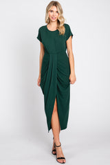 Forest Green Ribbed Front Drape Maternity Midi Dress