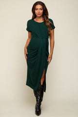 Forest Green Ribbed Front Drape Maternity Midi Dress