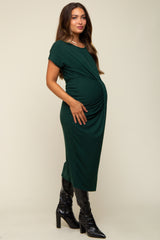 Forest Green Ribbed Front Drape Maternity Midi Dress