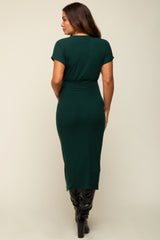 Forest Green Ribbed Front Drape Maternity Midi Dress