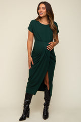 Forest Green Ribbed Front Drape Maternity Midi Dress