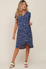 Navy Blue Printed V-Neck Wrap Maternity Dress