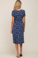 Navy Blue Printed V-Neck Wrap Maternity Dress