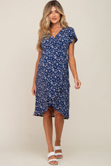 Navy Blue Printed V-Neck Wrap Maternity Dress