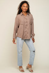 Brown Satin Checkered Button-Down Long Sleeve Top