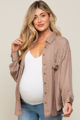 Brown Satin Checkered Button-Down Long Sleeve Maternity Top