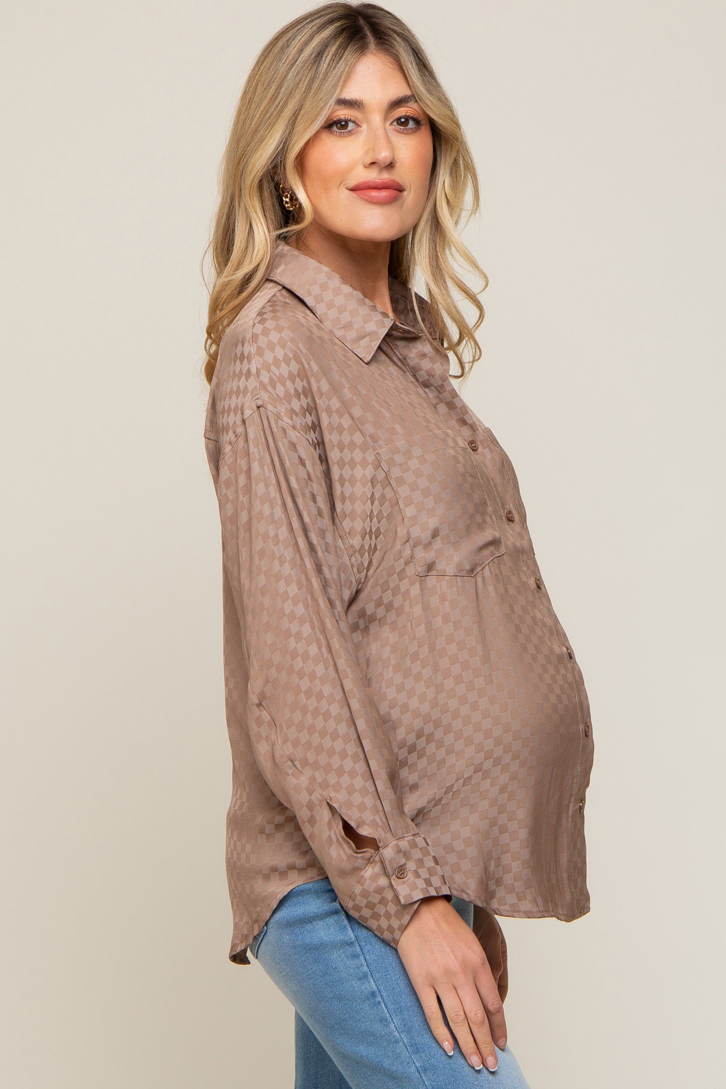 Brown Satin Checkered Button-Down Long Sleeve Maternity Top– PinkBlush