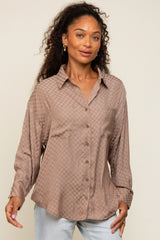 Brown Satin Checkered Button-Down Long Sleeve Top