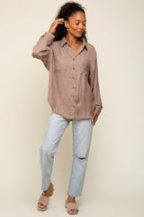 Brown Satin Checkered Button-Down Long Sleeve Top