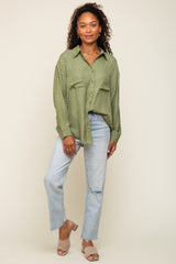 Olive Satin Checkered Button-Down Long Sleeve Top