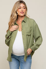 Olive Satin Checkered Button-Down Long Sleeve Maternity Top