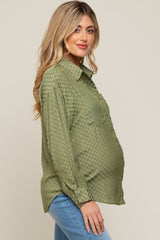 Olive Satin Checkered Button-Down Long Sleeve Maternity Top