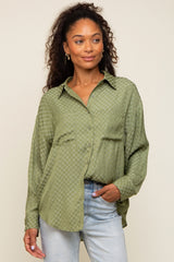 Olive Satin Checkered Button-Down Long Sleeve Top