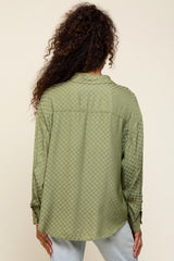 Olive Satin Checkered Button-Down Long Sleeve Top