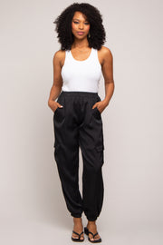 Black Satin Cargo Jogger Pants