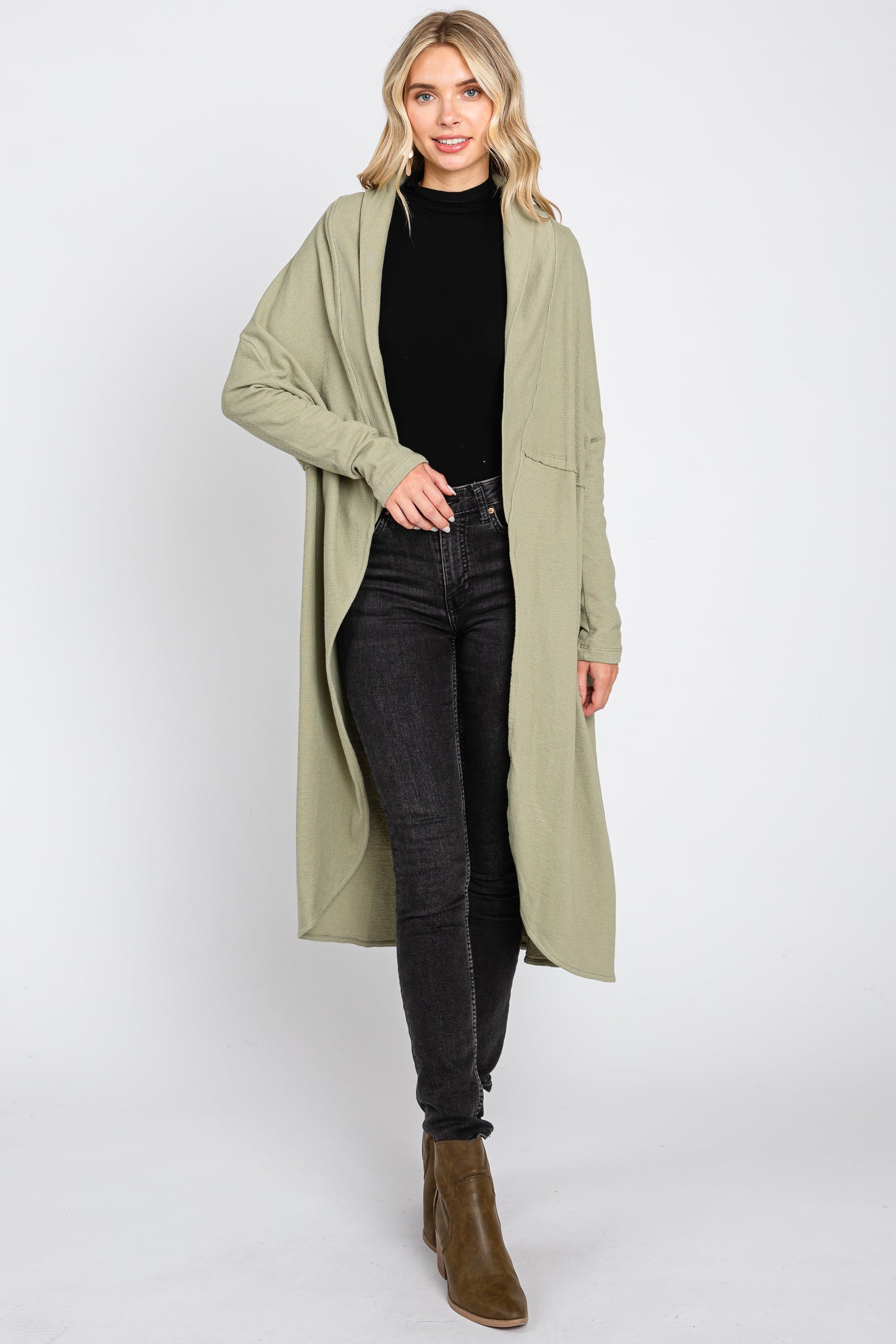 Light Olive Open Front Long Cardigan– PinkBlush