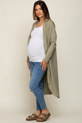 Light Olive Open Front Long Maternity Cardigan