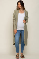 Light Olive Open Front Long Maternity Cardigan