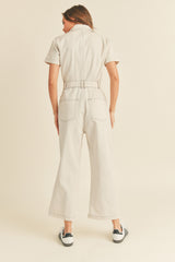 Beige Cotton Zipper Front Jumpsuit With Belt