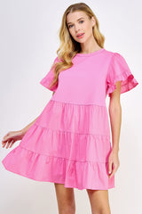 Pink Ruffled Tier Short Sleeve Mini Dress