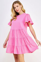 Pink Ruffled Tier Short Sleeve Mini Dress