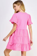 Pink Ruffled Tier Short Sleeve Mini Dress