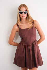 Brown Square Neck Sleeveless Mini Dress