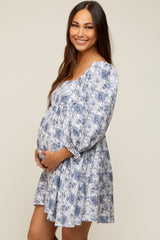 White Floral Puff Sleeve Maternity Dress