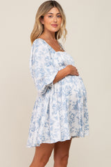 White Floral Puff Sleeve Satin Maternity Dress