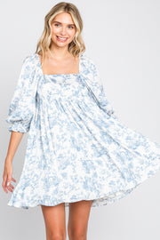 White Floral Puff Sleeve Satin Dress