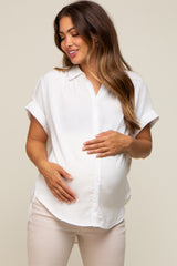 White Satin Button Front Collared Short Sleeve Maternity Top