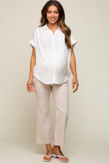 White Satin Button Front Collared Short Sleeve Maternity Top