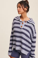 Blue Striped Knit Front Button Sweater