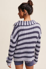 Blue Striped Knit Front Button Sweater