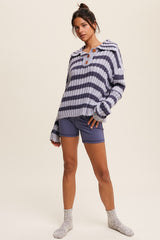 Blue Striped Knit Front Button Sweater