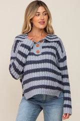 Blue Striped Knit Front Button Maternity Sweater