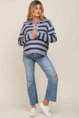 Blue Striped Knit Front Button Maternity Sweater