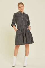 Black Chambray Maternity Tiered Shirt Dress