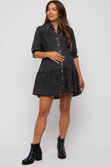 Black Chambray Maternity Tiered Shirt Dress