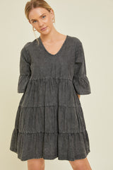 Black Vintage Wash Tiered Maternity Dress