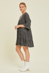 Black Vintage Wash Tiered Dress