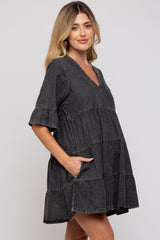 Black Vintage Wash Tiered Maternity Dress