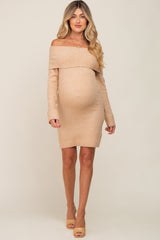 Beige Off-Shoulder Fold Over Maternity Sweater Dress