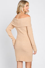 Beige Off-Shoulder Fold Over Sweater Dress