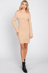 Beige Off-Shoulder Fold Over Sweater Dress