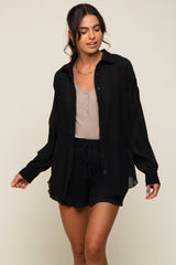 Black Pleated Long Sleeve Maternity Short Set