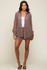 Mocha Pleated Long Sleeve Short Set