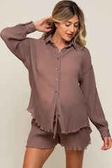 Mocha Pleated Long Sleeve Maternity Short Set